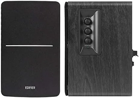 Rear view of the Edifier R1280DBs showing the optical, RCA, and subwoofer ports