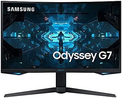Samsung Odyssey G7 curved monitor on a desk with RGB lighting