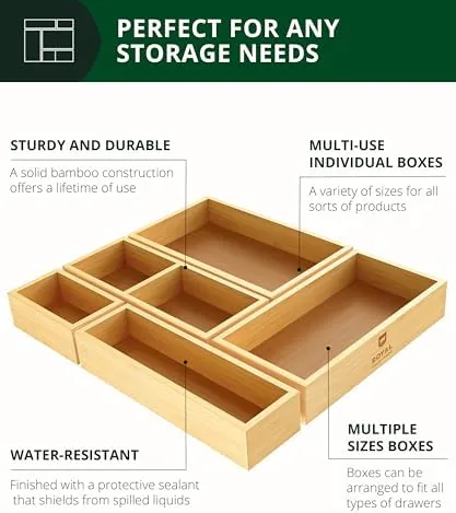 Junk drawer organized with bamboo trays and boxes