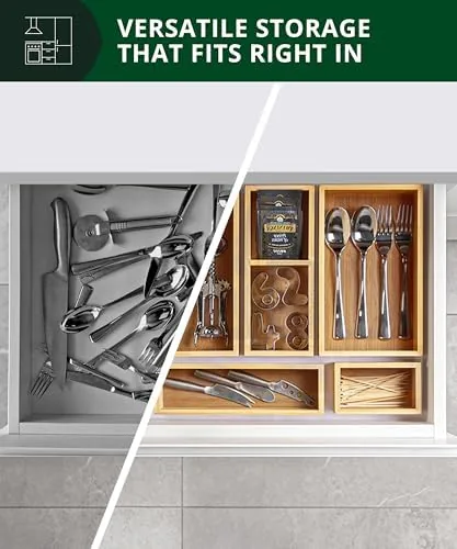 Bathroom vanity drawer organized with bamboo boxes