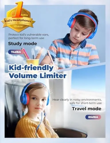 Child wearing iClever HS19 headphones during an online class