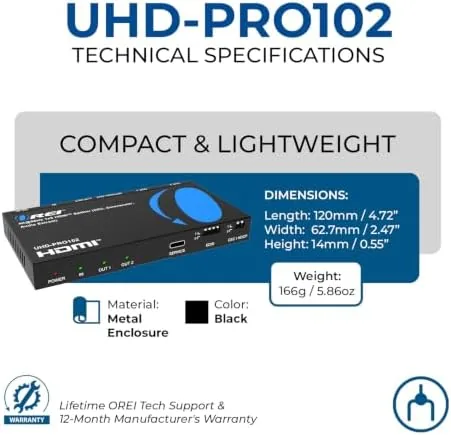 Another view of the OREI 1x2 HDMI™ Splitter 4K@60Hz Audio Extract, CEC, Downscaler, HDCP