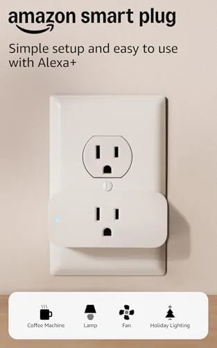 Amazon Smart Plug in a wall outlet with a lamp connected