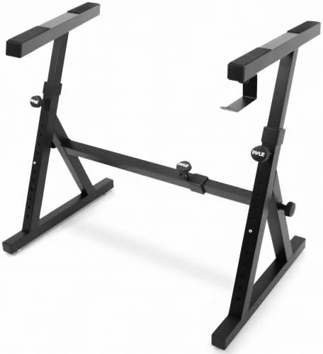 Pyle folding keyboard stand with an electric piano resting on the padded arms