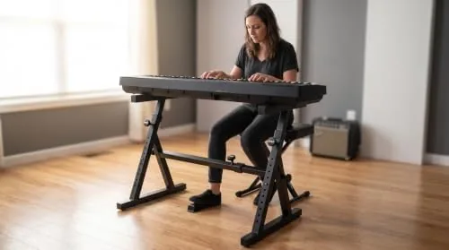 Pyle keyboard stand folded flat in the back of a car ready for travel