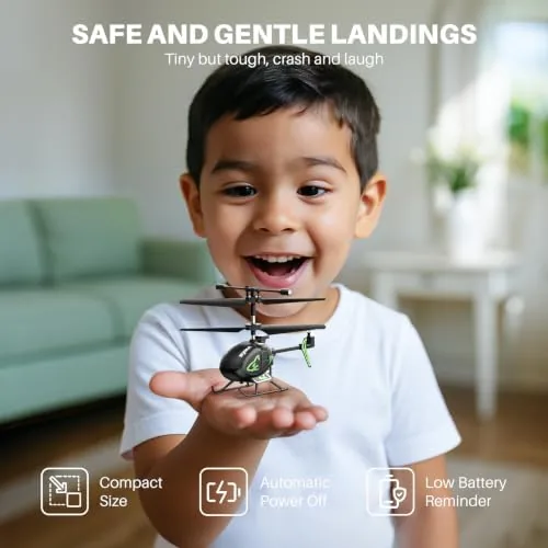 A child hand holding the S100 controller with the helicopter hovering nearby