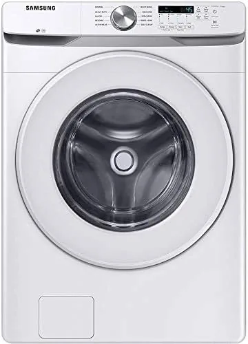 The Samsung WF45T6000AW front load washer in white installed in a laundry room