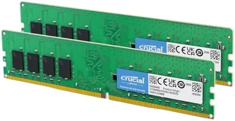 Crucial 32GB DDR4 kit with two 16GB modules showing the slim black heat spreaders