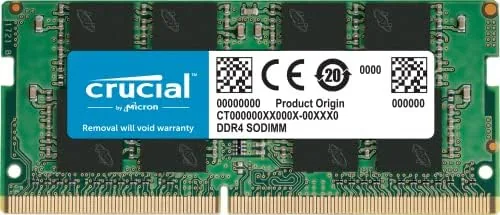 Crucial 16GB DDR4 SODIMM module held in hand showing the compact laptop size