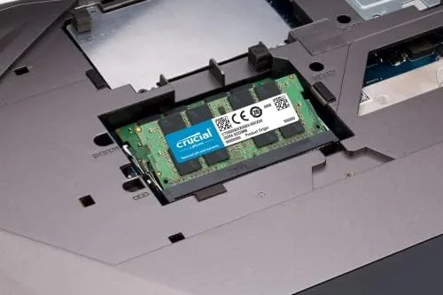 The 16GB stick beside an 8GB module showing the same physical SODIMM size