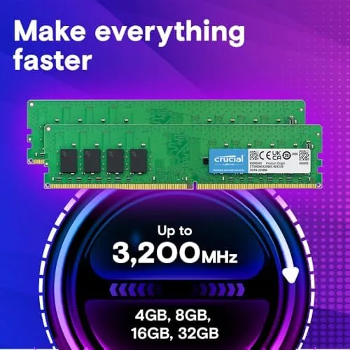 Close look at the Crucial 16GB DDR4 RAM, 3200MHz (PC4-25600) CL22 Desktop Memory, UDIMM build quality