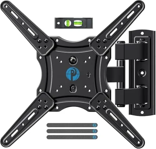 A 55 inch TV mounted on the Pipishell full motion wall mount