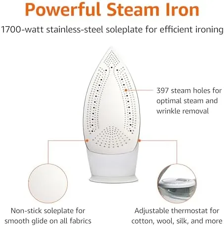 Close look at the Amazon Basics Steam Iron for Clothes with Safety Auto Shut-Off build quality