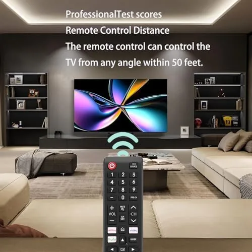 The EONCHARM remote pointed at a Samsung smart TV during setup