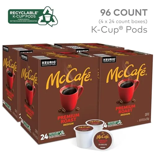 Freshly brewed McCafe Premium Roast coffee steaming in a white ceramic mug