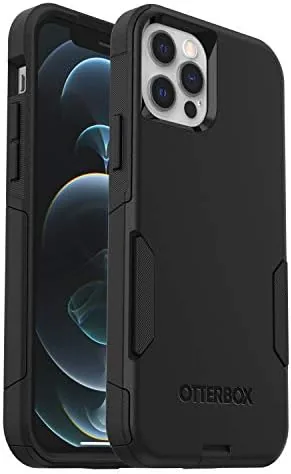 Black OtterBox Commuter Series case fitted on an iPhone 12 held in a hand