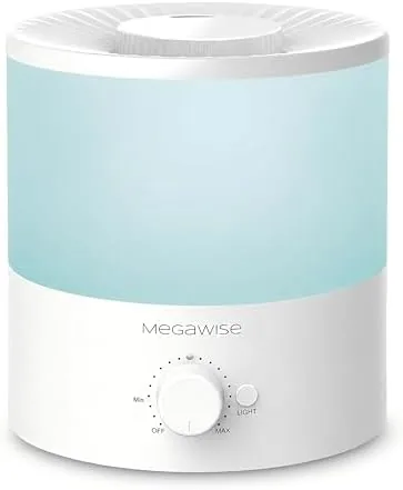 The white MegaWise SK7620 ultrasonic humidifier sitting on a bedroom nightstand