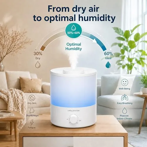 A close up of the mist nozzle of the MegaWise humidifier releasing a cool mist