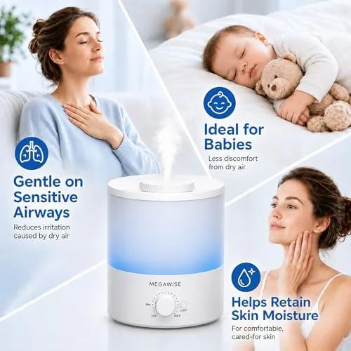 A humidity meter on a nightstand beside the MegaWise humidifier showing 48 percent