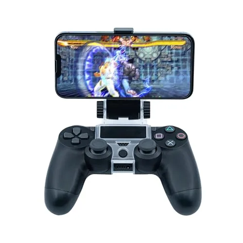 The Mcbazel phone mount clip holding a phone on a PS4 DualShock 4 controller
