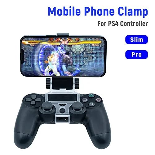 The phone mounted on the DualShock 4 with the controller buttons still visible and accessible