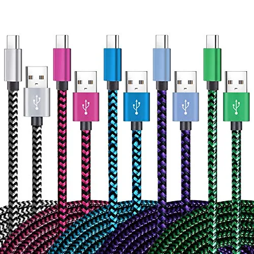 Five braided USB C cables coiled together with their packaging
