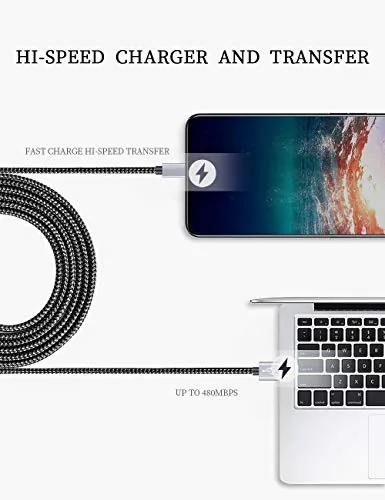 Several braided USB C cables charging different devices at a desk