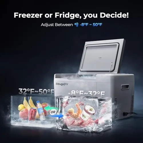 The BougeRV refrigerator with its lid open showing the interior space