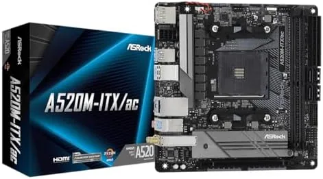 Top view of the ASRock A520M-ITX/AC motherboard showing the layout