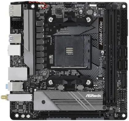 Close view of the ASRock A520M-ITX/AC CPU socket and memory slots