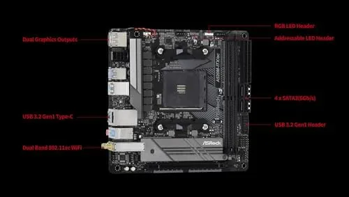 The ASRock A520M-ITX/AC mounted inside a small form factor PC case