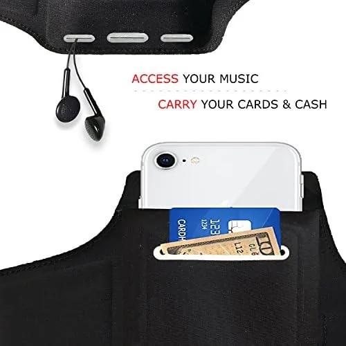 The armband holding a Samsung Galaxy phone with the screen visible through the clear cover