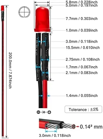Detail shot of the CHANZON 20 pcs Pre-Wired 5mm Red LED Diode Lights (DC features