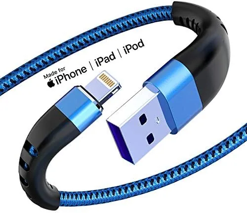 Two blue nylon braided Lightning cables coiled together on a desk