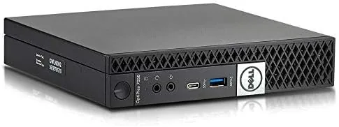 Dell OptiPlex 7050 Micro desktop on a desk beside a monitor