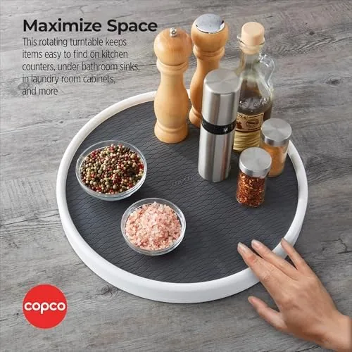 Lazy susan loaded with jars, cans, and condiment bottles