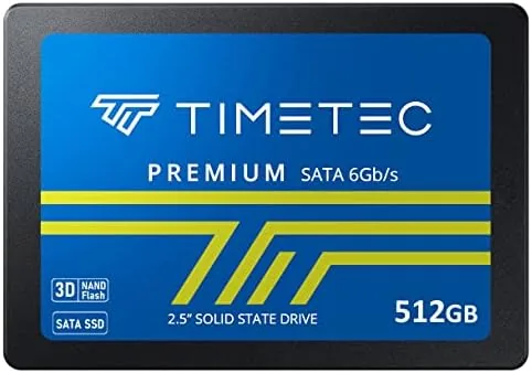 Timetec 512GB SATA SSD held next to a laptop bay