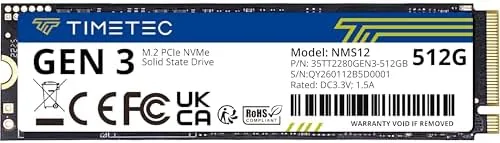 Timetec 512GB NVMe M.2 drive held above a motherboard slot