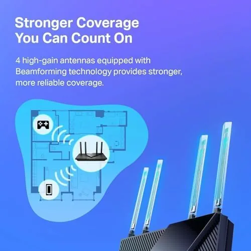 The TP-Link Archer AX21 router installed under a shelf with a tidy cable