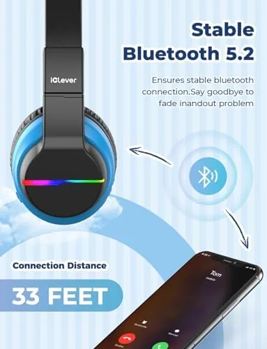 Another view of the iClever BTH12 Kids Bluetooth Headphones 85H Playtime with LED Lights