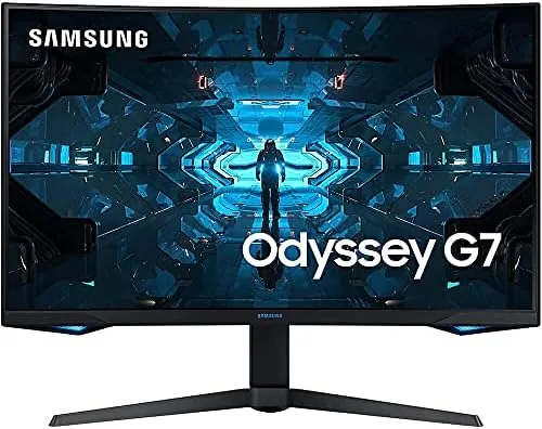 The Samsung Odyssey G7 on its stand showing the deep 1000R curve from the side
