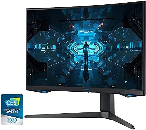 The rear of the monitor showing the blue accent lighting ring and cable channel