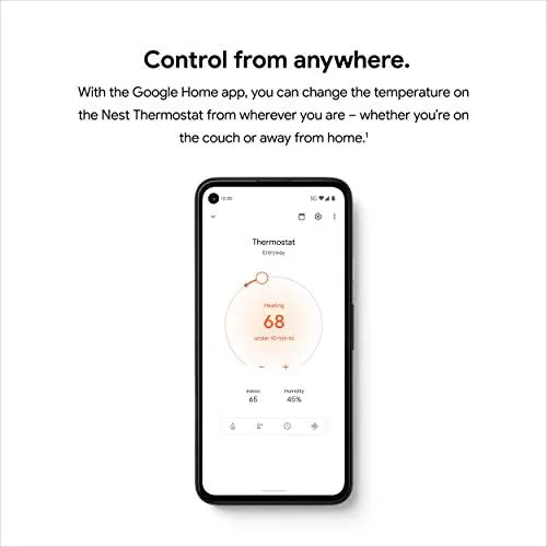 Nest Thermostat in a living room with a smartphone showing the app nearby