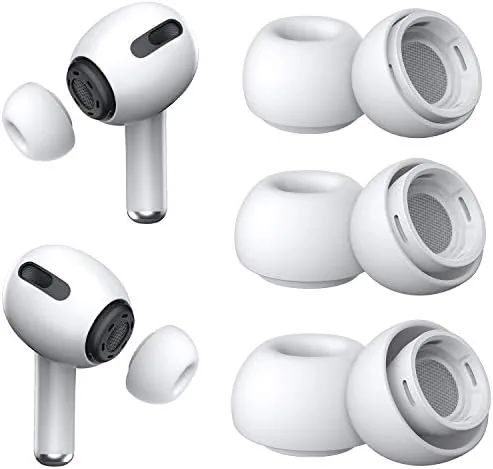 Three pairs of white silicone ear tips laid out in small, medium, and large sizes