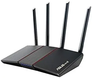 The ASUS RT-AX55 router with four external antennas on a desk