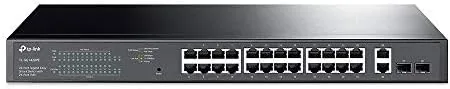 The TP-Link TL-SG1428PE switch mounted in a networking rack