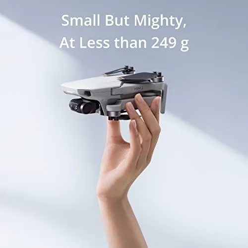 Close up of the folded DJI Mini 2 and its three-axis gimbal camera
