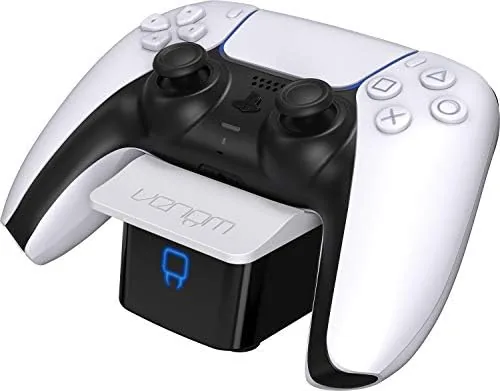 The Venom PS5 charging dock holding a DualSense controller upright