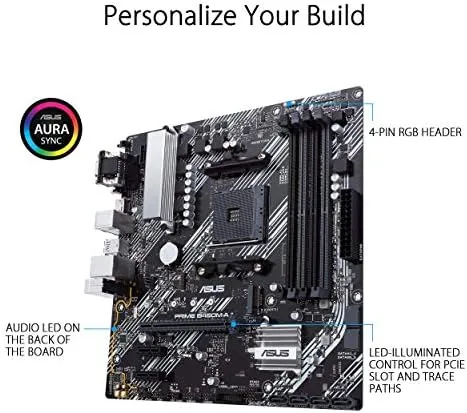 A completed budget build powered on with the B450M-A II board inside