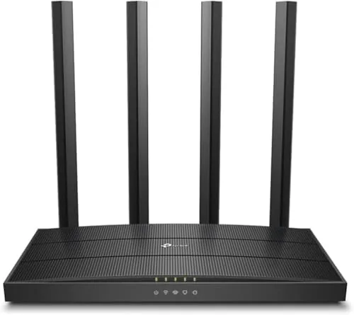 The TP-Link Archer A6 router standing upright with its four antennas raised